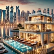 A modern luxury villa in The Pearl-Qatar, showcasing contemporary architecture with large glass windows, a private pool, and stunning waterfront views 110x110px